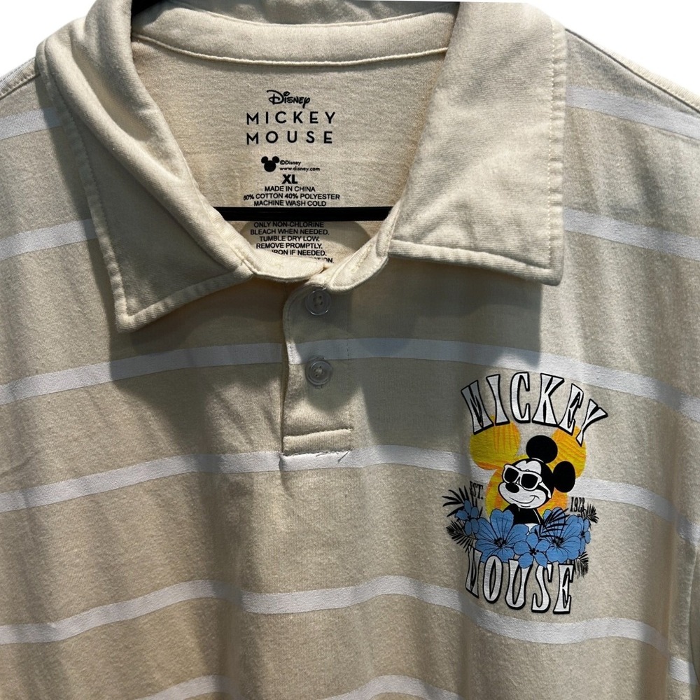 Disney Mickey Mouse Polo XL Mens Cream Striped Tropical Graphic Short‎ Sleeve
